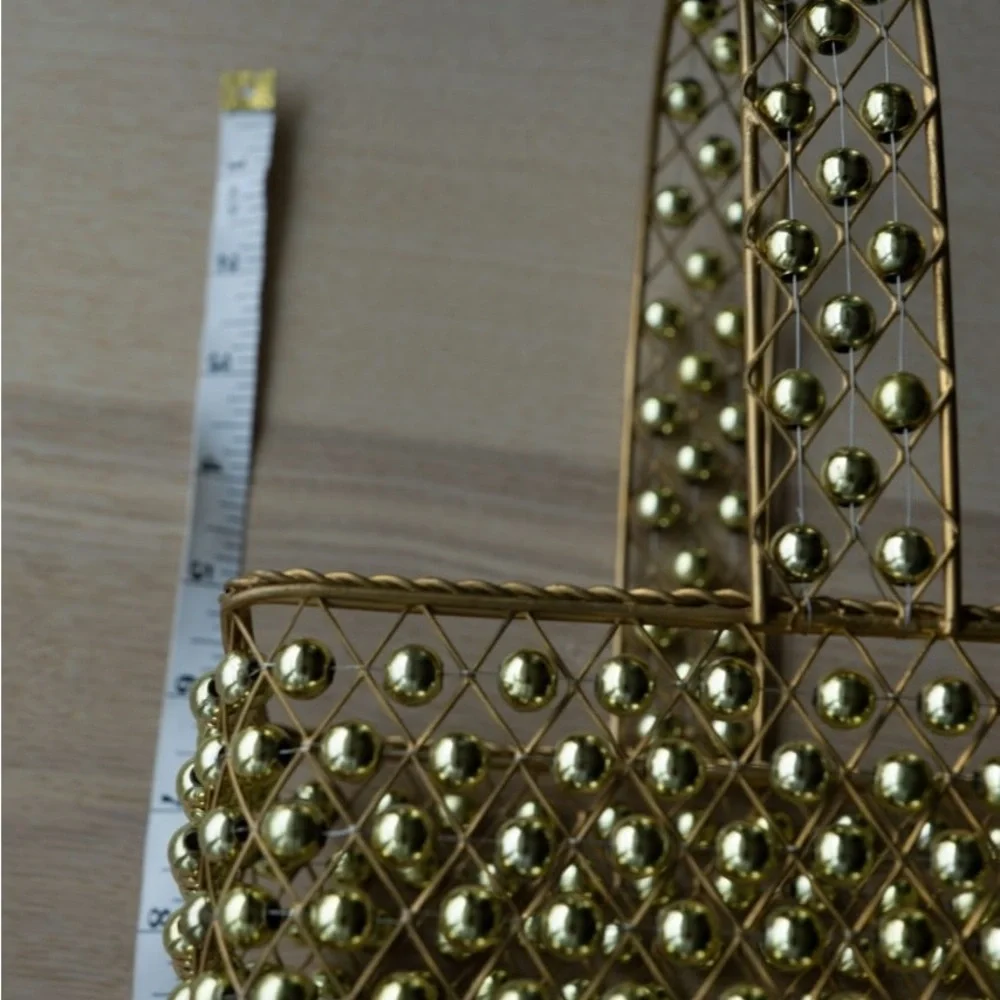 Gold Beaded Wire Decorative Basket with Handle